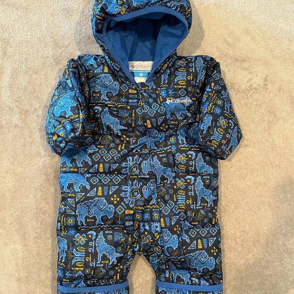 EUC 0-3M Columbia Infant Snuggly Bunny Down Bunting Snowsuit in Woodland Print